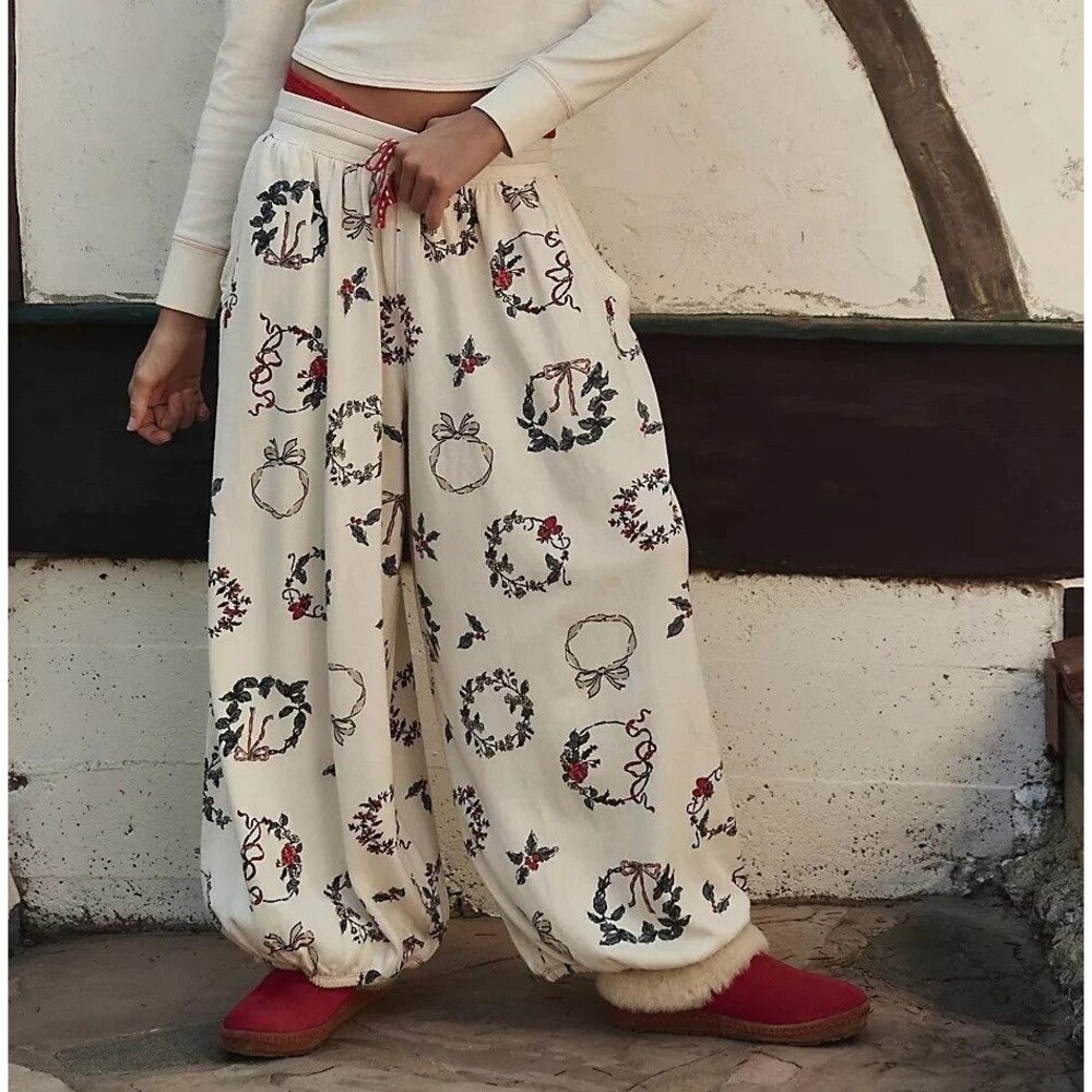 Free People Intimately Holibabe PJ Pants Floral Printed Cotton  Ivory XS 288277